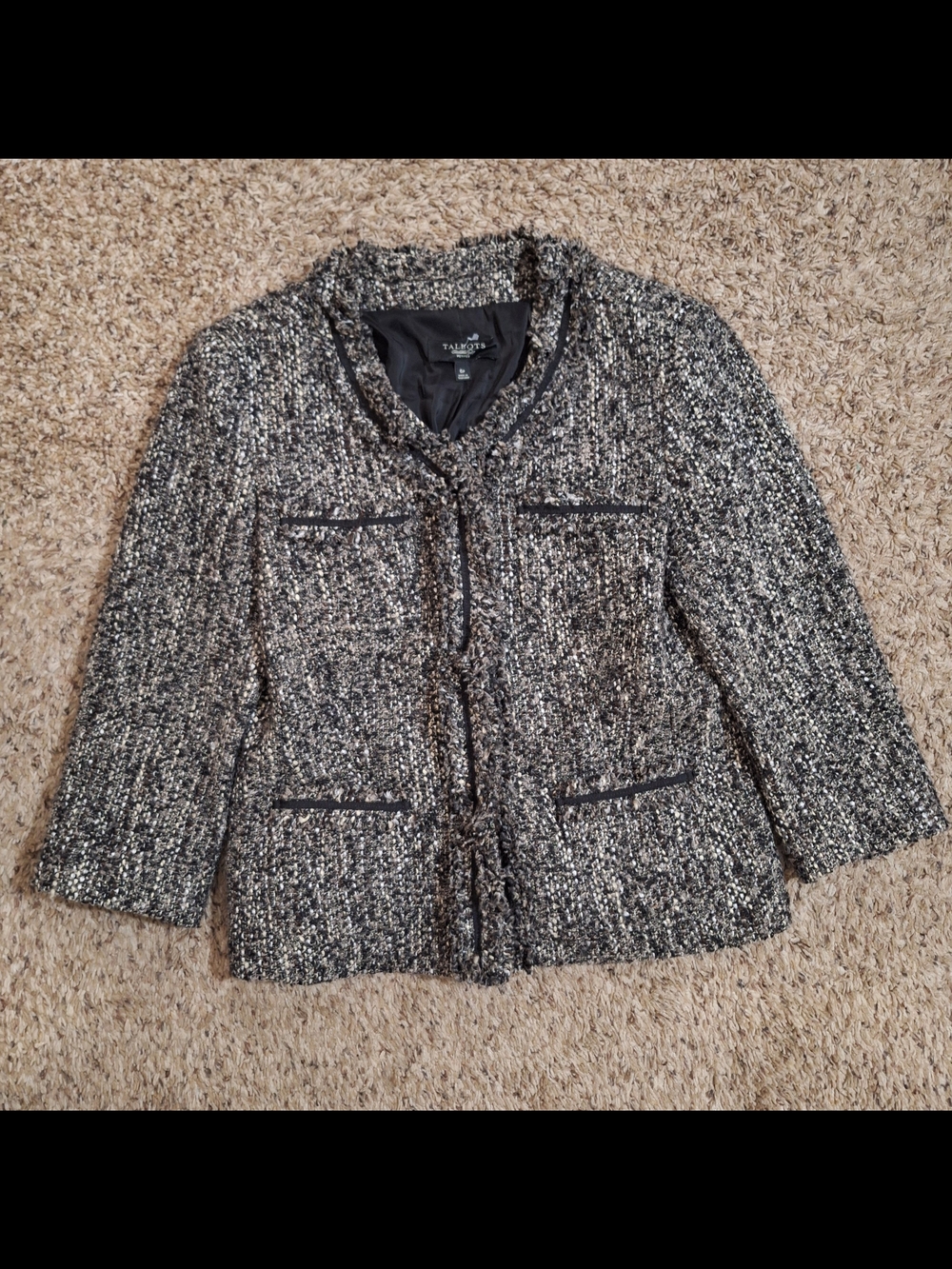 Vintage Talbots Petites Black Tweed Fringe Trim Wool Blend Blazer 6P
